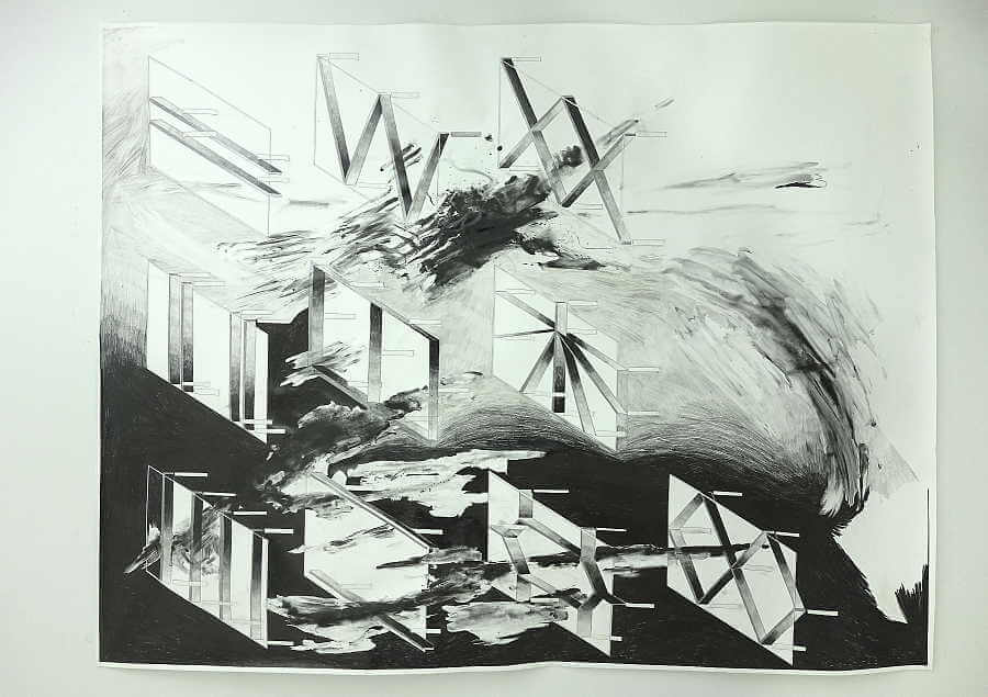 "La Fuite", Graphit auf Papier<br>150 x 180 cm, 2016